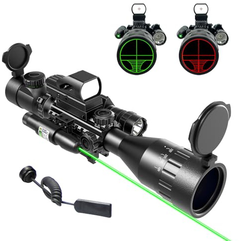 UUQ 4-12&16X50 AO Rifle Scope Red/Green Illuminated Range Finder Reticle W/Green Laser - Holographic Reflex Red Dot Sight - 5 Brightness Modes Flashlight (4-16X50 AO)