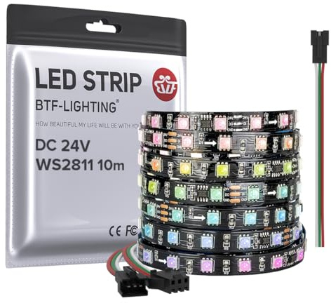 BTF-LIGHTING WS2811 DC24V 10M adressierbare RGB LED Streifen Schwarz PCB | 10M 600LEDs 100Pixel Volle Farbe Traumfarbe IP30 Kompatibel mit Arduino/Respberry/usw Spannungsabfall verhindern