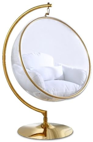 Meridian Furniture Luna Collection Modern | Contemporary Clear Acrylic Accent Swing Chair with Gold Metal Base and Durable Fabric Seat, 41.5 W x 29.5 D x 64 H, White