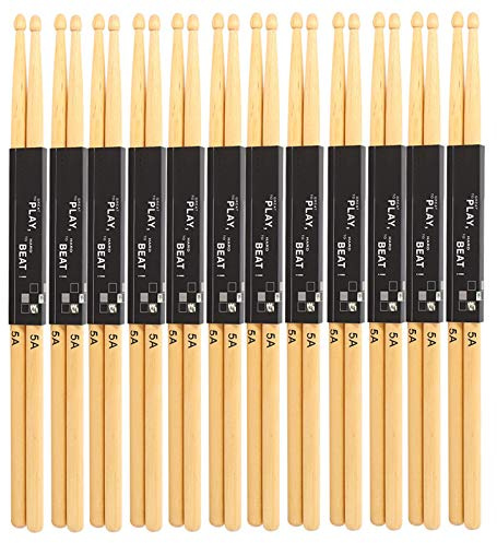 Schlagzeugstöcke 12 Paar, Smooth 5A Modell, Ahornholz Stäbe mit tropfenförmigem Schlagkopf für Snare Drum Übungen, Bandproben und Heimtraining