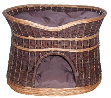 Katzenkorb zum Schlafen – Katzenhütte Indoor – Größe XL: 70 cm oval – Katzenhöhle aus Weide – Zweistöckiger Hunde – oder Katzenbett mit waschbaren Kissen in braunen – Lackierter Korb