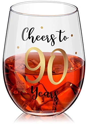 Copa de vino de cumpleaños sin pies, copa de vino de cumpleaños de oro para hombres y mujeres, decoraciones de fiesta de cumpleaños, boda, 17 oz sin pie (Cheers to 90 Years)