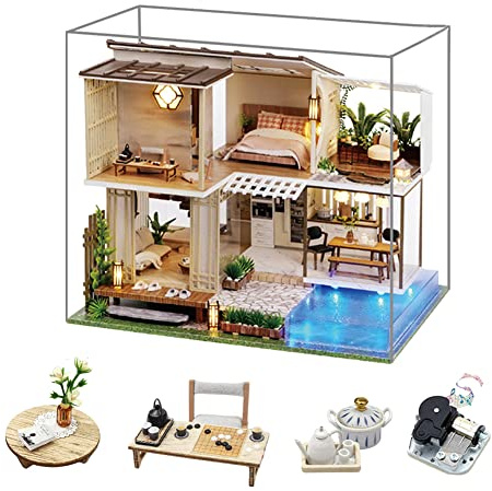 erhumama Nouveau Style Chinois Duplex Villa Musique Maison de poupée avec Housse Anti-poussière Kits de Meubles DIY Maison de poupée Miniature Accessoires Filles Garçons Cadeau