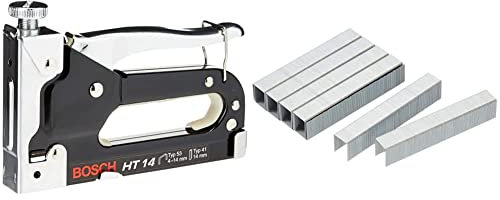 Bosch Professional HT 14 Handheld Tacker (Wood, Staple Type 53) & Fine Wire Staple Type 53 (Textiles, Carton, 114mm x 0.74mm x 14mm, Accessories for Joining)