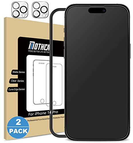 Mothca Matte Schutzfolie für iPhone 14 Pro, 2 Stück + 2 Kameraschutz | Matte Displayschutzfolie mit Montagerahmen, Anti-Glare Screen Protector, Nano-Ätztechnik, Anti-Fingerabdruck, 9H-Hartglas