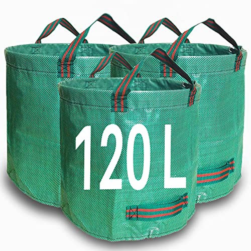 Zucklight Heavy Duty Garden Waste Bags 120 Litre - 3 Sacks Builders Bags Reusable - Industrial Fabric and Handles - Green/Garden Waste Sacks, Garden Bags Heavy Duty with Handles