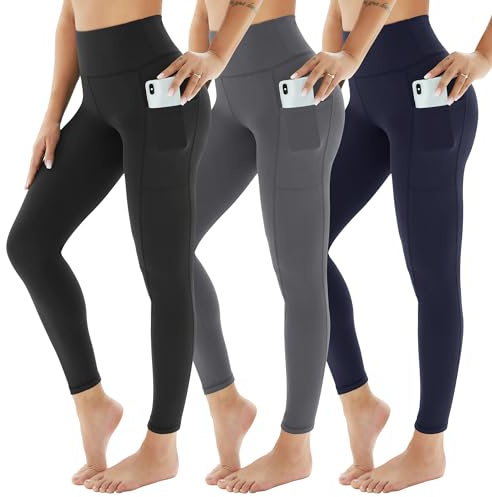 AMIYOYO Sport Leggings Damen mit Tasche High Waist 3er Pack | Blickdicht Sporthose Bauchweg Sportleggings Lang Dehnbar Hose für Yoga, Gym