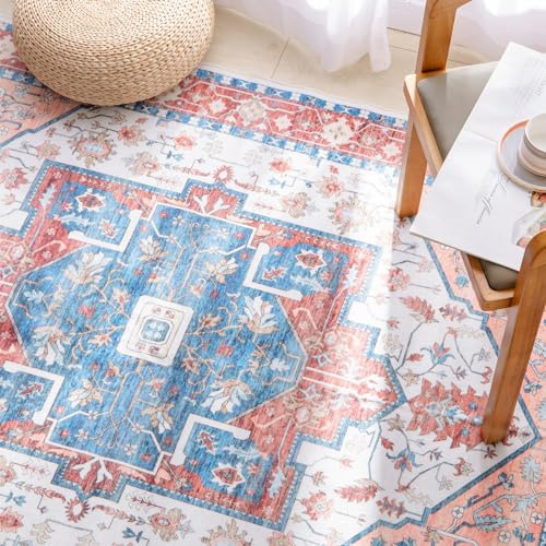 Carvapet Läufer Teppich 120x180cm rutschfest Lang Küchenteppich Waschbar Dünner Teppiche Gegend Vintage Medaillon Teppich für Wohnzimmer Schlafzimmer Küche(Rot Blau)
