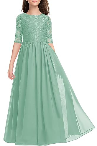 HOSIKA Blumenmädchenkleid, elegant, Vintage, Spitze, Chiffon, A-Linie, formell, Geburtstag, Hochzeit, Party, Bodenlanges Kleid, 6–13 Jahre, Hellgrün, 116