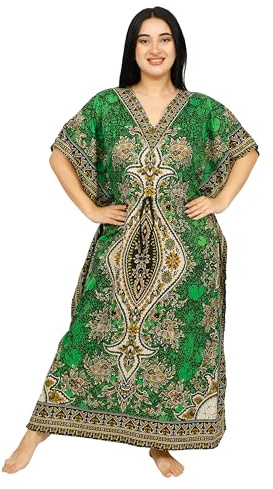 SHYAMVUN Kaftan for Women | Kaftan Dresses Full Length Maxi Dress Free Size | Kimono Style Caftan Tunic for Beach, Holiday, Party, Nightwear & Loungewear | Lightweight Relaxed Fit (Green)