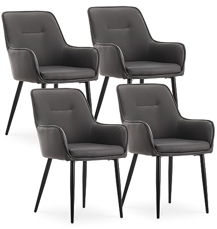 CLIPOP Esszimmerstühle 4er Set mit Armlehne aus Kunstleder Grau, Armlehnenstuhl Polsterstuhl Stühle Esszimmer Küchenstuhl mit Metallbeine und Rückenlehne für Wohnzimmer Esszimmer