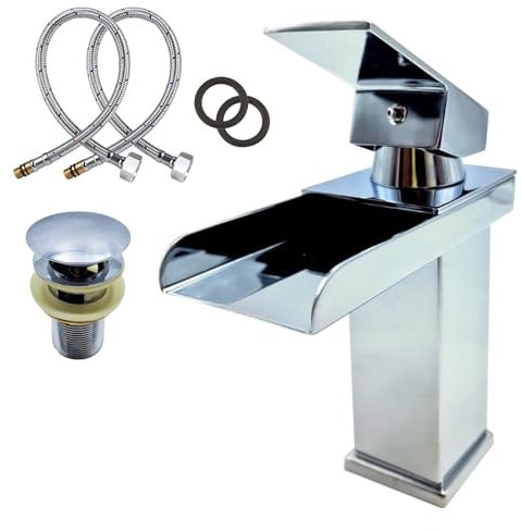 MAKA Rubinetto Lavabo Bagno a Cascata in Acciaio Inox Cromato con Piletta Inclusa Miscelatore Monocomando Lavandino Cucina ad Alta Pressione Kit Montaggio Guarnizioni e Tubi Satinato (h 16.5 cm)