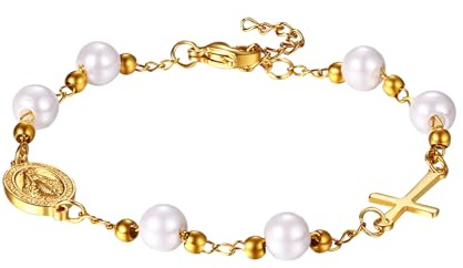 Flongo Rosenkranz Armband gold Silber mit Kreuz Anhänger Benedikt Medaille Edelstahl Christlich Auto Arm Kette weiß Perlen Rosary Bracelet Geschenk für Damen Herren