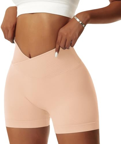 Vertvie Pantalones cortos de entrenamiento para mujer, con espalda cruzada en V, elastano, para yoga, ciclista, cintura alta, leggings atléticos, Eco melocotón, S
