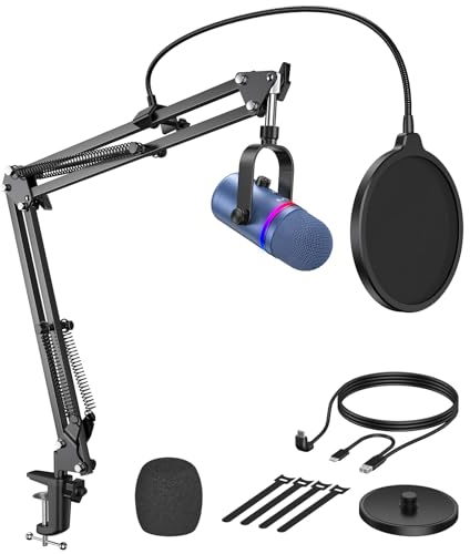 TECURS Micro Gaming PC - Microphone à condensateur avec Bras, Micro Podcast RGB avec Bouton de Silence, Contrôle de Gain, Suppression du Bruit, Microphone Studio pour MAC/PS4/PS5, Bleu