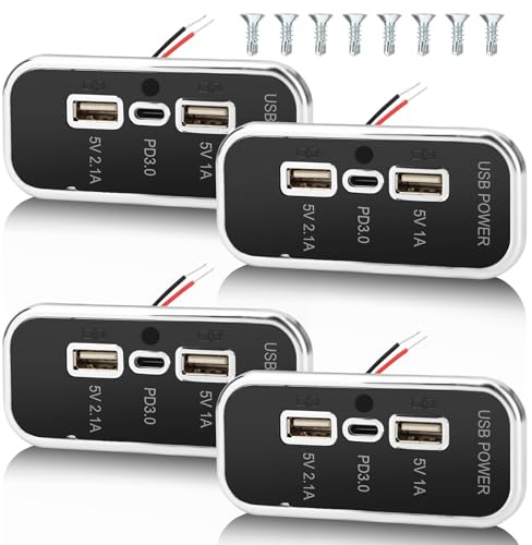 4PCS Gibbab 3 Ports 12V Prise USB pour VR 45,5W, 4 Pièces Charge Rapide PD3.0 Type-C & Deux Ports USB A 3,1A Montage mural, Adaptateur de Chargeur de Prise Auto pour VR Bateau Bus Quad Moto Camion