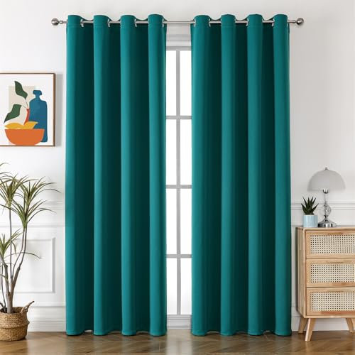 Freyamy Blickdicht Gardinen Wohnzimmer,Dicke Vorhänge mit Ösen,Weich Thermogardine Verdunkelung Ösenvorhang,Kälteschutz Warm Vorhänge für Schlafzimmer,Petrol Blau Vorhang 2er Set 200x100cm(HxB)