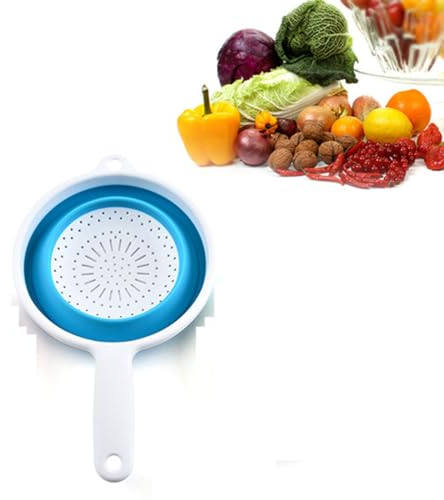 Long Handled Drain Basket,Silicone Collapsible Colander Sieve, Kitchen Foldable Colander Silicone Strainer, Environmentally Friendly Non-Toxic Easy to Clean.(White/Blue)