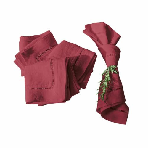 LOBERON Serviette 4er Set Covent Garden, rot | Stilvolle Hohlsaumstickerei, Strapazierfähig & Langlebig, Wiederverwendbar, Tischwäsche, Küchentextilien, Leinen