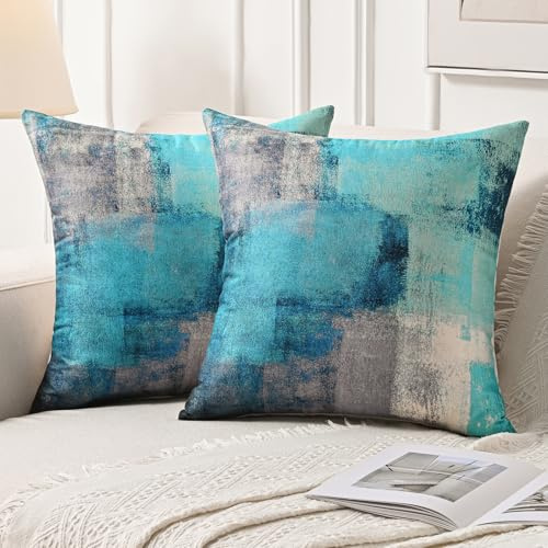 Federe Cuscini Divano 40 x 40 cm Copricuscini Divano Verde Acqua Turchese Grigio Bianco Copricuscini Decorativo Fodera Cuscino in Lino Set di 2 Federe Cuscini Estetici Astratti per Soggiorno