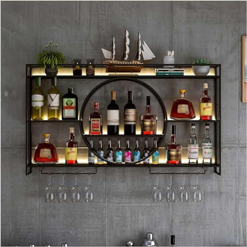 Mensola a Soffitto Mensole Galleggianti per Parete, Portabicchieri in Metallo per Una Facile Installazione Portabottiglie A Parete A 2 Livelli con Portabicchieri per Cucin(Size:100*15*80cm,Color:Nero)