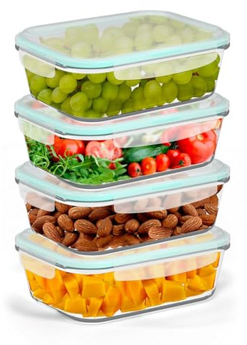 edihome, Recipientes de Cristal para alimentos, 8 Piezas (4 recipientes + 4 tapas), para Comida Hermetico, Apto para lavavajillas, congelador, microondas, sin BPA (4 Recipientes)