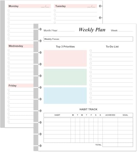 Weekly Planner Undated Refills - Letter Size 53 Sheets/106 Pages Colorful Weekly Planner for 11-Disc Discbound, TUL, 100 gsm White Paper, Lasts 1 Year, Undated, 8.5 x 11