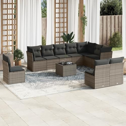 Xichuzi 11-TLG. Garten-Sofagarnitur mit Kissen Grau Poly Rattan, Lounge Gartenmöbel Set, Möbelsets, Balkon Möbel, Gartenlounge, Gartensofa - 3249649