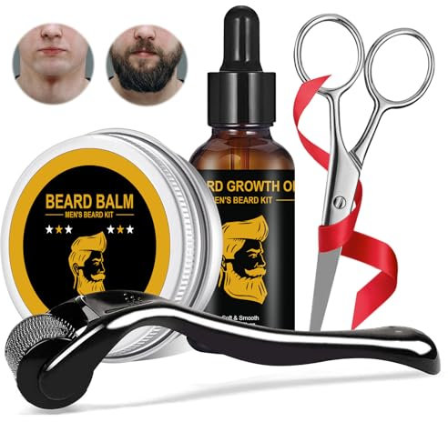 LureLuxe Bartpflege Set für Männer mit Bartroller 0,25mm, Bartöl, Bartbalsam und Bartschere zur Förderung des Bartwuchses