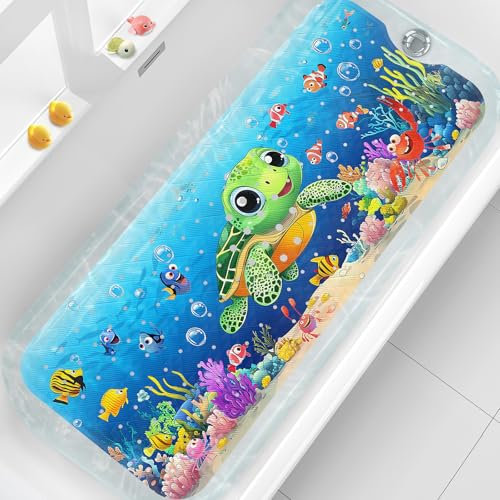XIYUNTE Baby Bath Mats Non Slip Anti Mould, Cartoon Kids Bath Mat Non Slip, 100x40cm Extra Large Baby Shower Mat Non Slip Bath Mat with Suction Cups & Drain Holes, Machine Washable, Sea Turtle