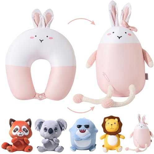 YOUYIKE Almohada de viaje 2 en 1 para niños, almohada cervical transformable en forma de U, con conejo de peluche, compañero de juego y dormir para aviones, coches y viajes (rosa)