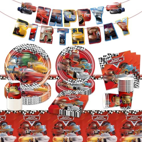 Auto Pappteller Kindergeburtstag Deko Jungen- Car Geburtstag Geschirr Deko Geburtstagsdeko Car Partygeschirr Set Party Supplies Girlande Deko Banner Tischdecke Servietten Teller Tassen