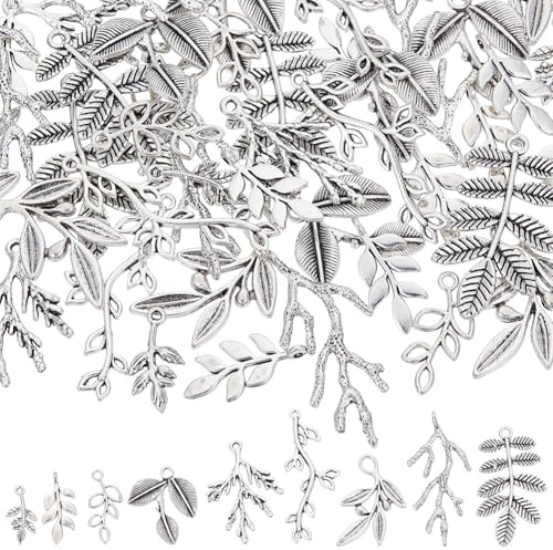 SUNNYCLUE 1 Box 54Pcs 9 Styles Tree Branch Charms Metal Leaf Charm Bulk Large Alloy Silver Spring Fall Tibetan Trees Leaves Pendants for Jewellery Making Diy Necklaces Bracelets Earrings Supplies