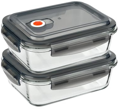 HOMESHOPA Airtight Glass Food Storage Container With Snap Locking Steam Vent Lids, 2 Pack 1100ml BPA-Free & Leak Proof Silicone Seal Plastic Clip Lock Lids, Meal Prep Takeaway Lunch Boxes