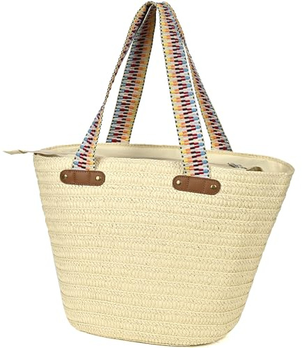 KESUDE Strohtaschen Damen Korbtasche Handtasche Strandtasche mit reißverschluss Stroh Sommer Taschen Damen Straw Bag Schultertaschen Shopper Umhängetasche für Urlaub Reisen Strand (Beige)