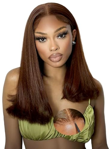 Oxeyegirl 22 Zoll 9x6 Straight Chocolate Brown 200% Density Wear and Go Glueless Wig Echthaar Perücke HD Lace Front Wig Human Hair Wigs Perücken Echthaar Damen No Glue Pre Plucked Pre Cut