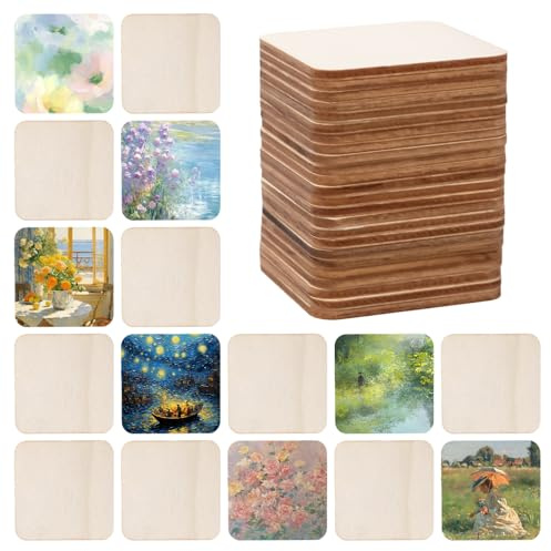 Rebanky 150 Piezas de Madera Cuadradas 6 x 6 cm, Cuadradas Rebanadas de Madera de Grosor 2,5 mm Discos Cuadrados de madera para Dibujo, Corte por Laser, Modelado, Sierra de Marcas