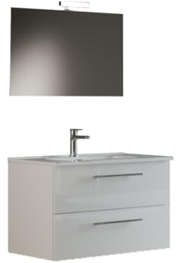 Mama Store IRIS 60 - Mobile Bagno Sospeso IN KIT DA MONTARE 60 CM BIANCO LUCIDO LACCATO con Lavabo, Specchio e Lampada LED, L.61 X P.47 X H.53 cm