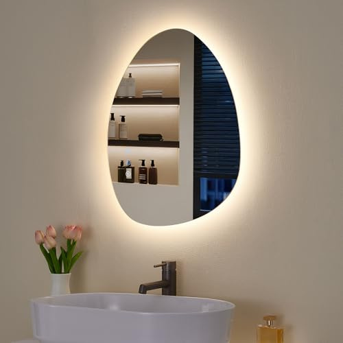 ANNWA Spiegel mit Beleuchtung Asymmetrischer LED Badspiegel 60 × 45cm mit Touch-Schalter, Dimmbar 3 Lichtfarbe Einstellbare,Beschlagfrei,badspiegel mit Beleuchtung(NHYJ6412)
