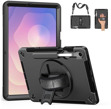Junfire Hülle für Galaxy Tab S11 (11 Zoll) 2025 mit Displayschutzfolie | Stoßfeste Schutzhülle mit Stifthalter, 360° Drehbarer Ständer, Handschlaufe, Schultergurt (Schwarz)