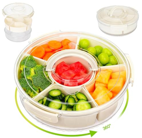 lomdung Snack Box, 360° Caja de Aperitivos con 6 Compartimentos Extraíbles, Plato de Aperitivos con Tapa y Asa, Cuenco Portátil para Dulces, Frutas, Galletas, Verduras y Postres