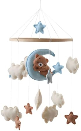 Babybett Mobile Bär, Mobile Baby Windspiele, Kinderzimmer Hängende Bettglocke, mit Bär Mond Wolken Sterne, für Babyzimmer Deko, Wickeltisch (1 Stück,F)