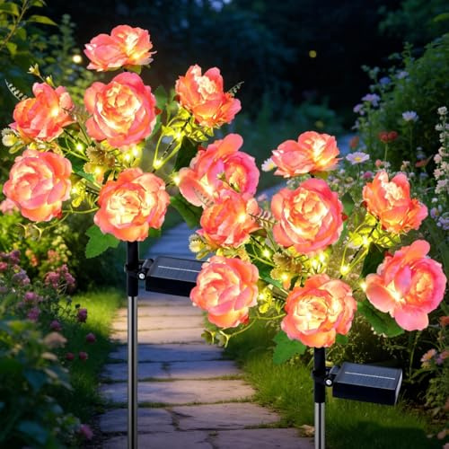 Qoosea Lampe Solaire Extérieur Jardin, 2 Pièces Fleurs Lumieres Solaire Exterieur avec Grande Rose LED Lumiere pour Chemins, Imperméable Jardin Decoration de Mariage pour Terrasse, Patio, Allée
