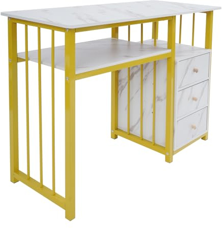 Beaudreaul Mesa de manicura con 3 cajones, mesa de uñas multifuncional, mesa de manicura de madera, capacidad de carga de 30 kg, para salones, oficinas, salones de uñas, etc., dorado, blanco