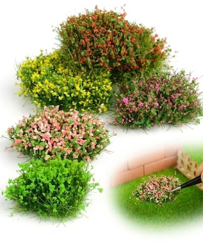 AEUXZA 5 Piezas Mechones de Hierba y Flores Miniatura – Accesorios de Modelismo para Diorama, Maquetas 1/64 y Trenes, Multicolor (Verde, Rojo, Púrpura, Rosa-Blanco, Amarillo)