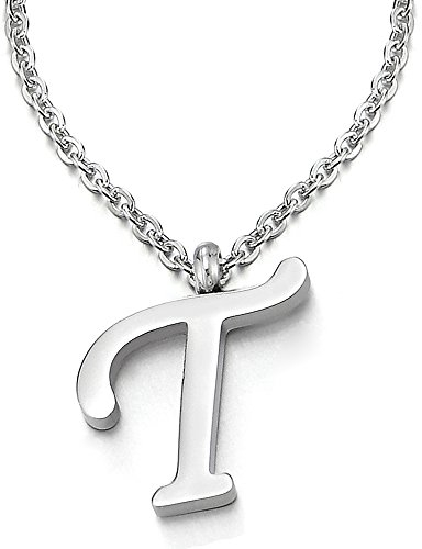 COOLSTEELANDBEYOND Name Initiale Alphabet Buchstaben A bis Z Anhänger Edelstah Halskette für Damen Herren mit 50cm Stahl Seil-Kette - T