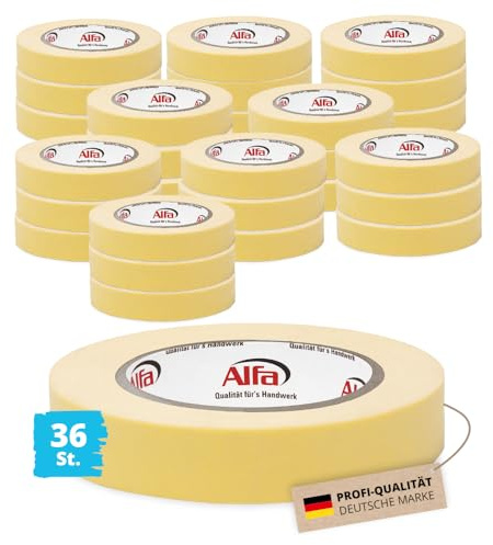 Alfa 36x Feinkrepp EASY 25 mm x 50 m – Malerband zum Streichen (1800 m) | Profi-Qualität - Nässeresistentes Abklebeband für scharfe Kanten, hitzebeständig bis 80 Grad, reißfestes Malerfeinkrepp