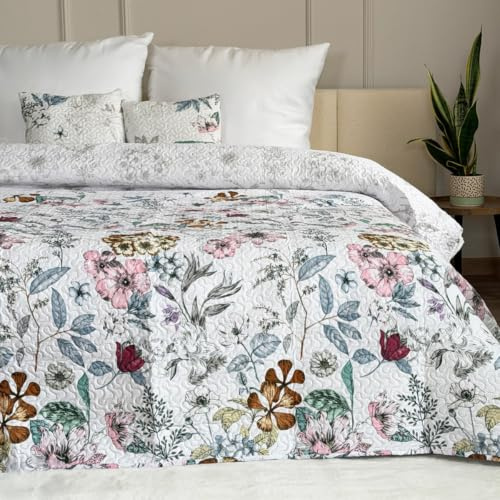 Euromat Couvre-Lit Quilt Matelassé avec 2 taies d'oreiller 40x40 cm- (Bleu Blanc Fleurs- SY-5632, 220x240 cm)