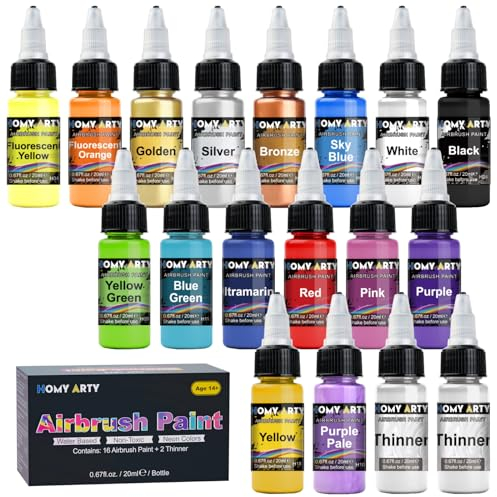 HOMY ARTY Airbrush Farbe, 16 Farben mit 2 Verdünner Airbrush Lack Set, Wasserbasierte Luftbürste Farben, bereit zum Sprühen, 20ml/Flasche
