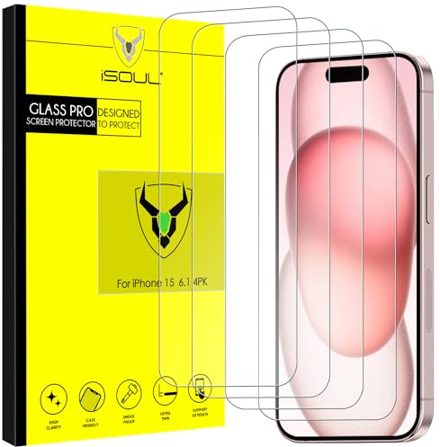 iSOUL Pellicola protettiva in vetro temperato per iPhone 15 da 6,1, ultra HD, 3D touch, compatibile con custodie, confezione da 4